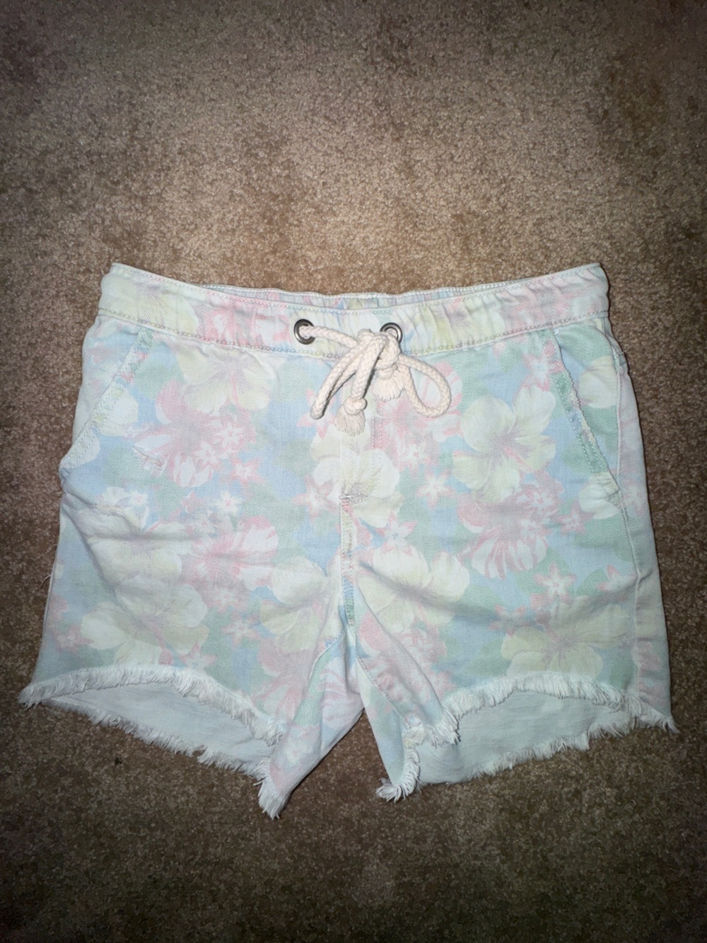 Aerie Denim Shorts Women XS Pastel Blue Tropical Floral Elastic Waist Drawstring